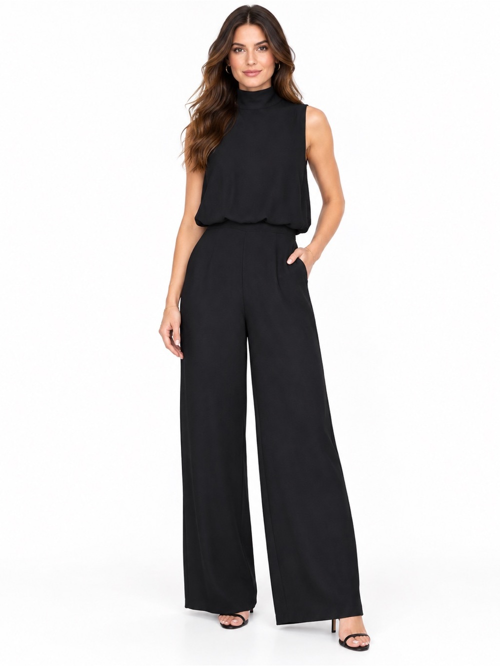 Lulu’s NEW Black Classic Sleeveless High-Neck Wide Leg Date Night Jumpsuit Sz. L